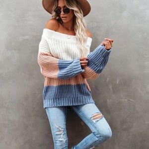 NWT Aakaa STRIPED OFF SHOULDER KNIT SWEATER